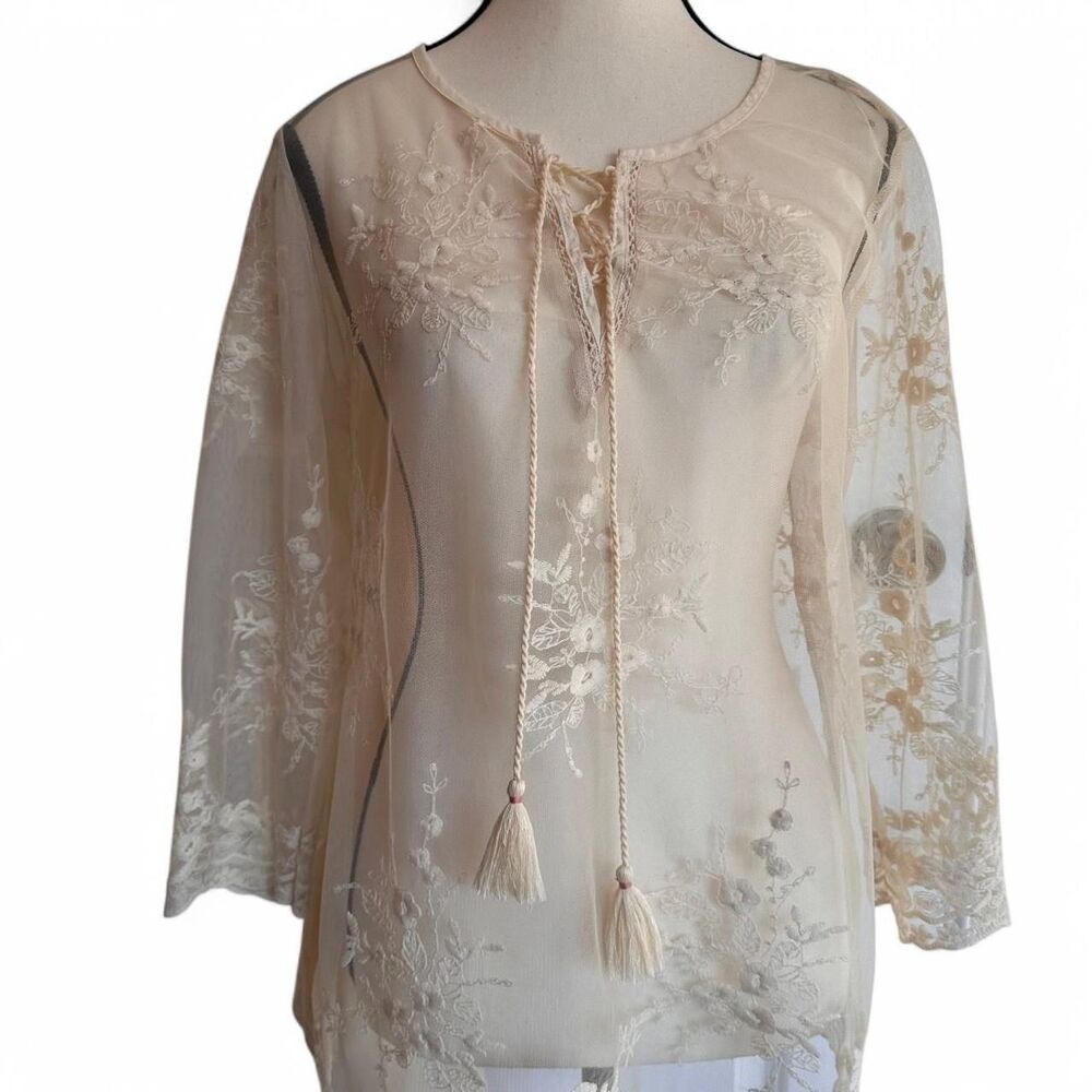 Vintage American Blues, Boho chic mesh embroidered top with 3/4 sleeves, M
